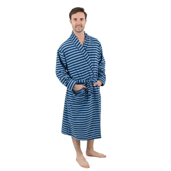 Мужской флисовый халат сине-темно-синего цвета в полоску Leveret, цвет Blue & Navy