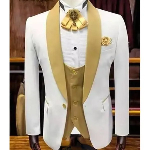Бело-золотые свадебные смокинги для шафера с лацканами мужские костюмы из 3 предметов мужской модный комплект куртка жилет с брюками