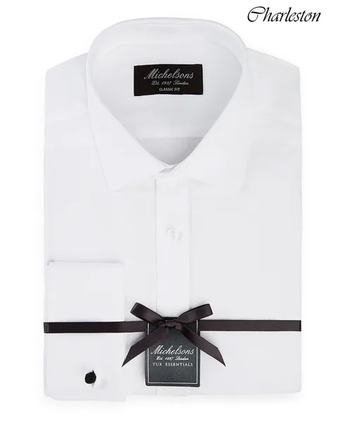 Лондонская мужская рубашка-смокинг классического/классического кроя из однотонной ткани с французскими манжетами Michelsons, белый