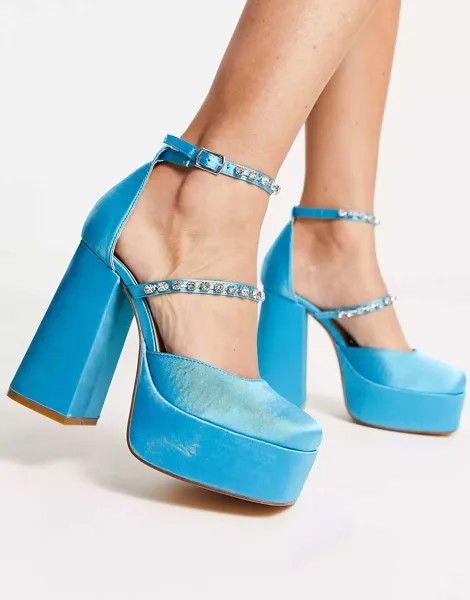 Синие атласные туфли на каблуке с украшением на мега платформе London Rebel