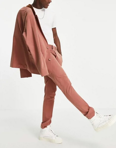 Рыжие классические брюки облегающего кроя из мягкой ткани с узором «в елочку» ASOS DESIGN-Красный