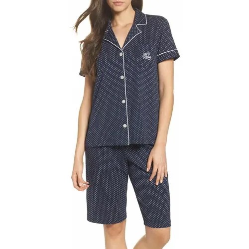 Пижама Ralph Lauren S темно-синяя в горошек шорты на кулиске и рубашка с коротким рукавом, кантом и логотипом