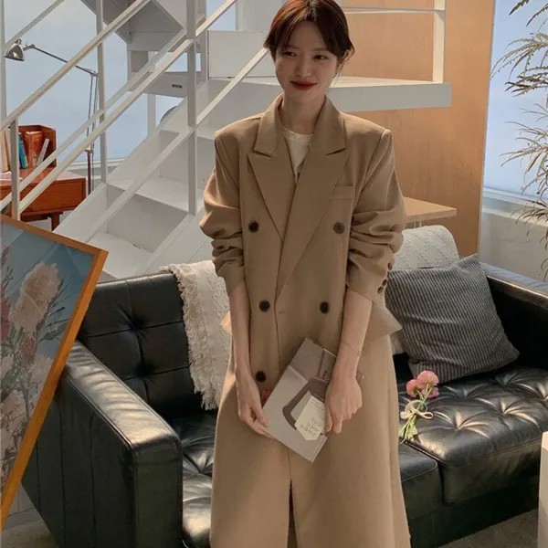 Весеннее пальто цвета хаки женский костюм Корейская версия прямой тонкий двубортный пиджак средней длины Повседневный BF