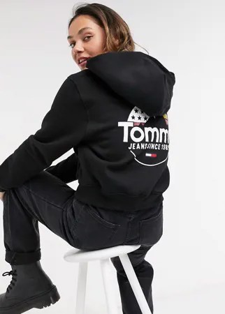 Укороченный худи черного цвета на молнии с логотипом Tommy Jeans-Черный цвет