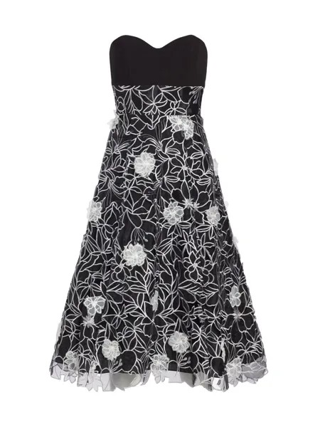Коктейльное платье-миди из органзы с цветочным принтом Marchesa Notte, черный