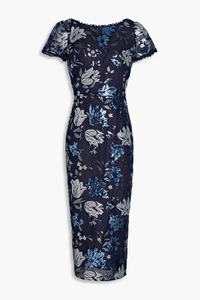 Платье миди из тюля, украшенное пайетками и вышивкой Marchesa Notte, темно-синий