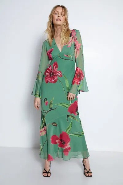 Платье макси с V-образным вырезом и рифлеными рукавами с цветочным принтом Warehouse, зеленый