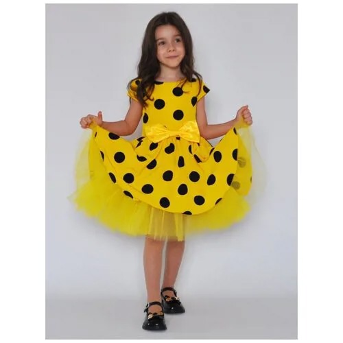 Платье для девочек нарядное Бушон, стиляги, цвет желтый, принт крупный горох, размер 122-128