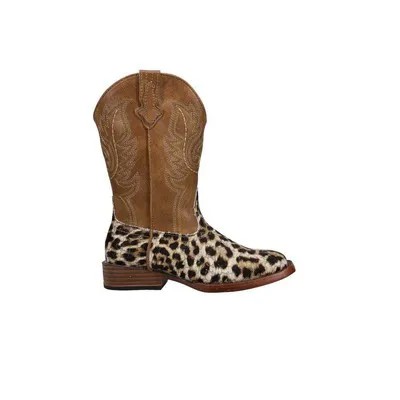 Roper Glitter Leopard Square Toe Cowboy Youth Girls Brown Casual Boots 09-018-1
