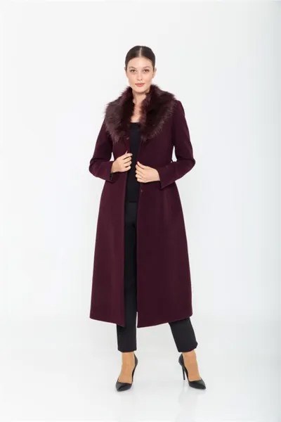 Пальто средней длины с меховым воротником на талии сливовый 3397 Concept., фиолетовый