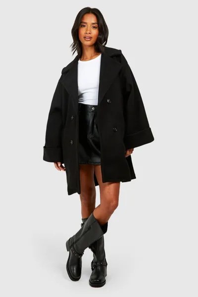 Объемное пальто-кокон из шерстяной ткани Petite boohoo, черный
