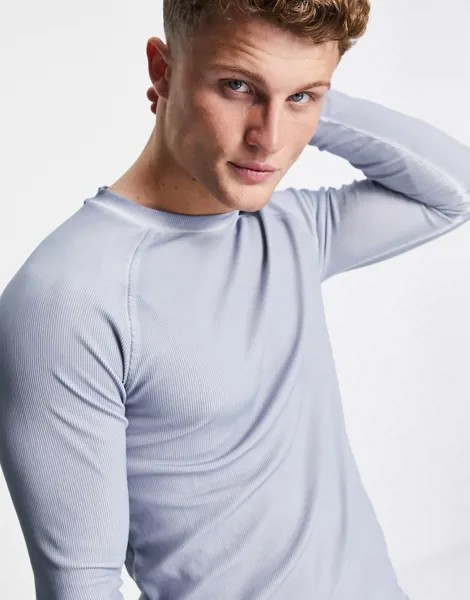 Облегающий лонгслив в рубчик с маслянистым эффектом ASOS 4505-Голубой