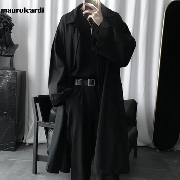 Mauroicardi осенний длинный черный оверсайз-тренч для мужчин с длинным рукавом, свободный темный академический эстетический модный без пуговиц ...