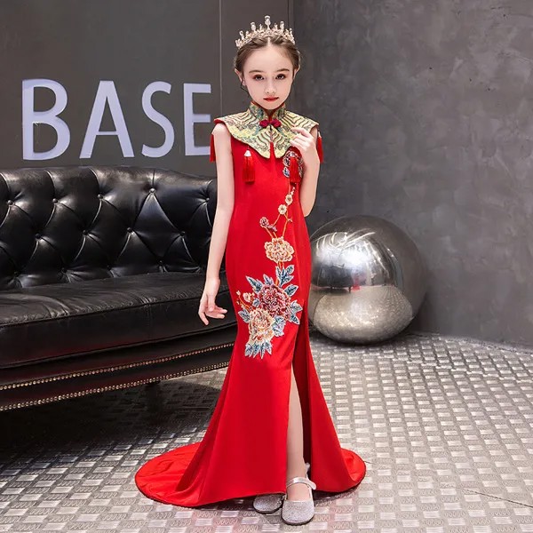 Красный Русалка китайский вечерние платья с длинным рукавом, девочки Cheongsam Qipao вечерние детей со шлейфом платье принцессы в китайском стиле с вышивкой и модные ботильоны с кисточками шаль