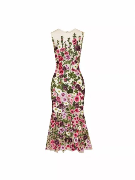 Разноцветное платье из тюля с вышивкой Illusion Neck Hollyhocks Oscar de la Renta, мультиколор
