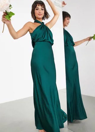 Атласное зеленое платье макси со сборками и бретелькой через шею ASOS EDITION-Зеленый цвет