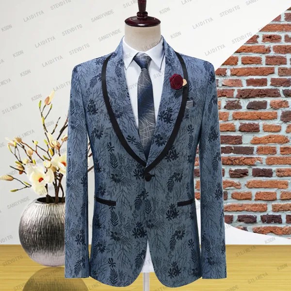 Блейзер мужской джинсовый, однобортный приталенный деловой смокинг для мужчин, синяя куртка с отложным воротником и шалью, 2023