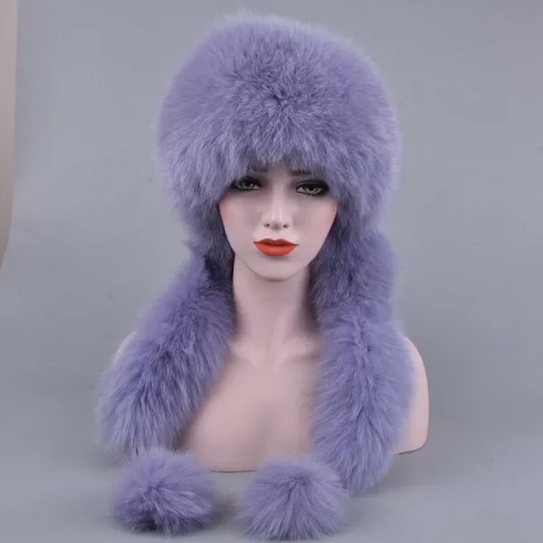 Женская зимняя меховая шапка, шапки из натурального Лисьего меха с 2 помпонами, русская зимняя уличная теплая монгольская женская шапка с лисьим хвостом