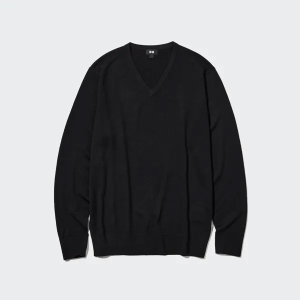 Джемпер Uniqlo мужской из шерсти мериноса с v-образным вырезом мягкий, черный