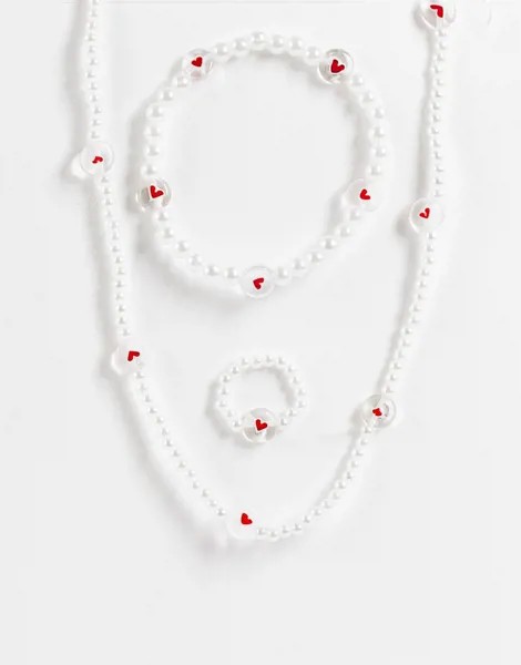 Набор из 3 предметов: ожерелья, браслета и кольца из искусственного жемчуга белого цвета Pieces-Разноцветный