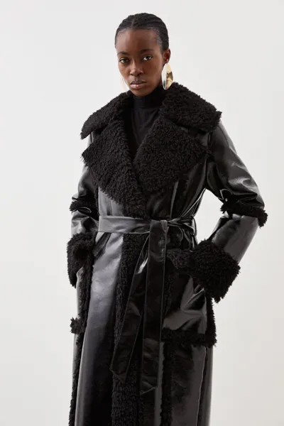 Виниловое длинное пальто с контрастными манжетами и воротником Karen Millen, черный