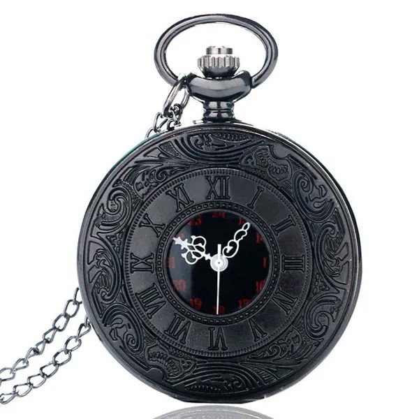 Античный стиль Римские цифры Карманные часы Мужчины Женщины Черный полый чехол Кварцевый стимпанк Винтаж Кулон Ожерелье Подарок cep saati