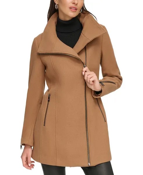 Женское полушерстяное пальто с асимметричной молнией DKNY, коричневый