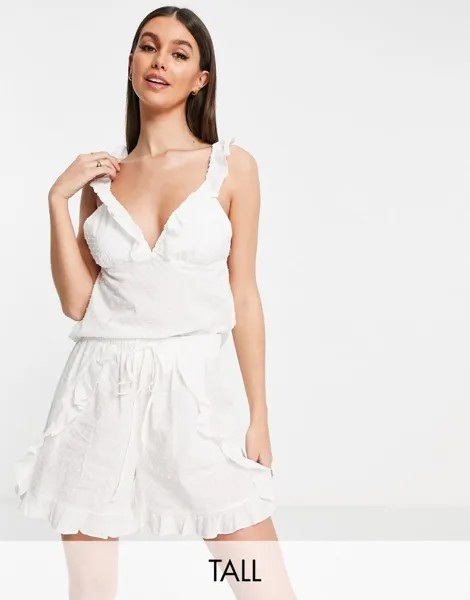 Vero Moda Tall – Белая пижама с декоративным рюшем из хлопка добби