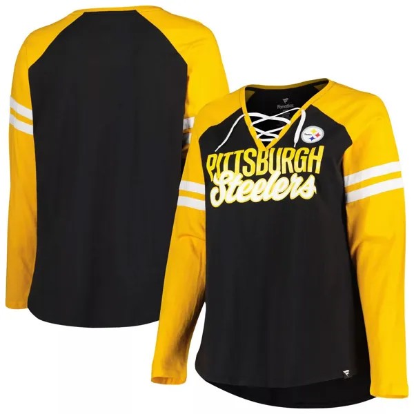 Женская футболка Fanatics черного/золотого цвета с логотипом Pittsburgh Steelers размера плюс, правильная форма, на шнуровке, с v-образным вырезом, реглан с длинными рукавами Fanatics