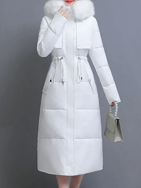 Milanoo Long Puffer Coats For Women White Hooded Faux Fur Collar Long Sleeves Polyester Cotton Winte
