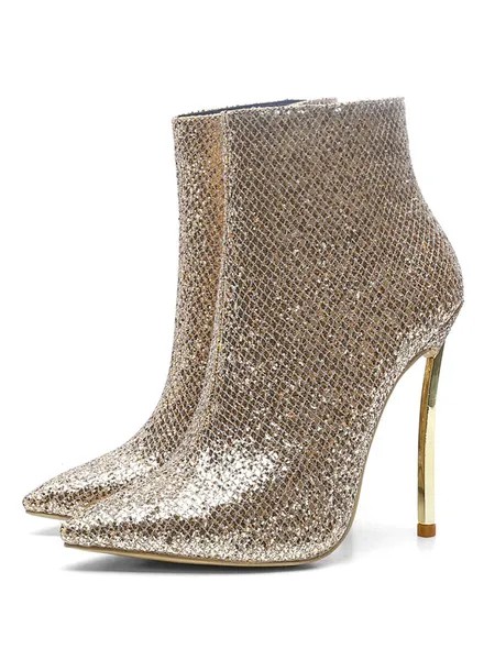 Milanoo Women Ankle Boots Light Gold Sequined Pointed Toe Stiletto Heel High Heel Booties