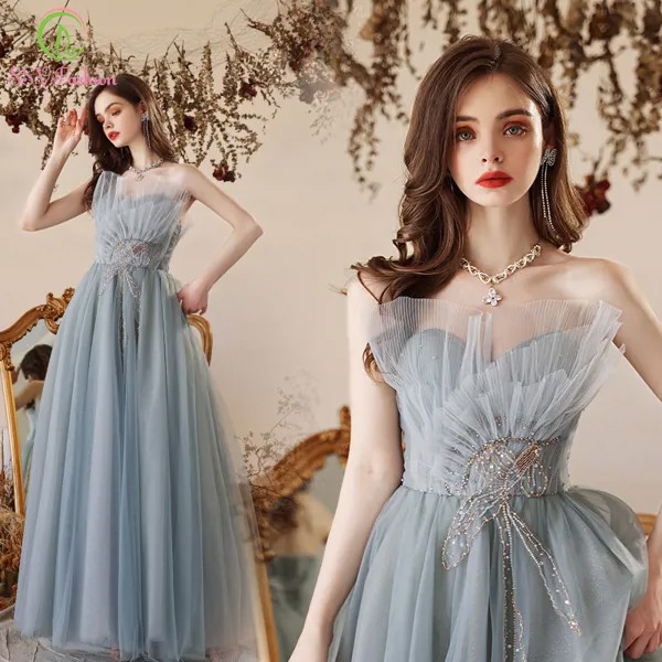 Женское вечернее платье до пола SSYFashion, ТРАПЕЦИЕВИДНОЕ ПЛАТЬЕ серого и синего цвета, бальное платье для вечевечерние