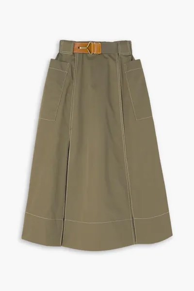 Плиссированная юбка миди из хлопкового твила с кожаной отделкой и поясом Tory Burch, армейский зеленый