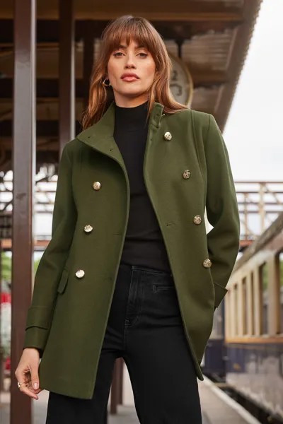 Короткое двубортное пальто с широким воротником в стиле милитари Love & Roses, зеленый