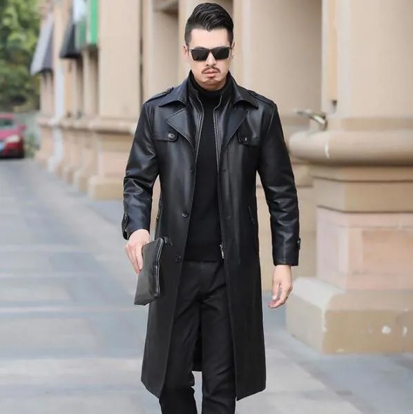 Однобортные кожаные пальто, мужское длинное пальто, мужские кожаные тренчи, пальто, утепленные бархатные черные осенне-зимние модные пальто размеров M - 4XL