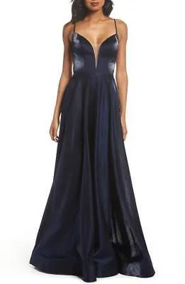 LA FEMME 25670 Темно-синее мерцающее сексуальное атласное платье трапециевидной формы с бретелями и шлейфом 6 S