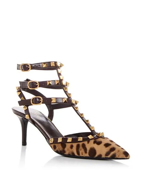 Женские туфли-лодочки из телячьего волоса с леопардовым принтом и ремешком на щиколотке Valentino Garavani, цвет Brown