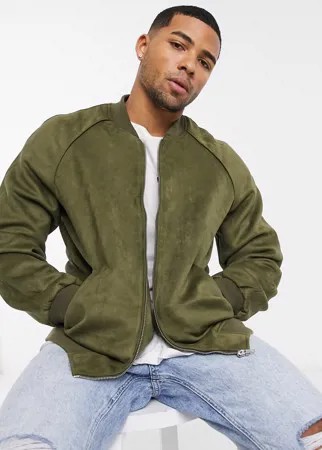 Бомбер цвета хаки из искусственной замши ASOS DESIGN-Зеленый цвет