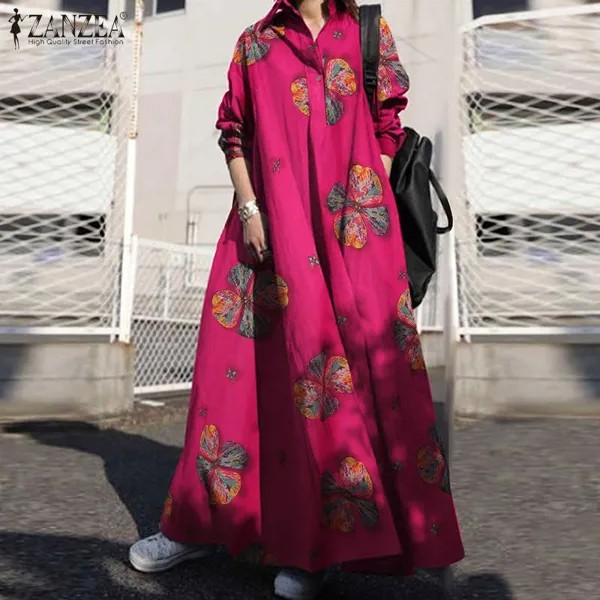 ZANZEA Женская мода Принт Длинное платье Весеннее повседневное отворачивание воротник с длинным рукавом мешковатые длинные платья