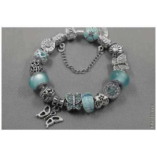 Браслет-цепочка Handinsilver ( Посеребриручку ) Браслет с шармами на основе из бижутерной стали, стразы, муранское стекло, стекло, 1 шт., размер 21 см, голубой