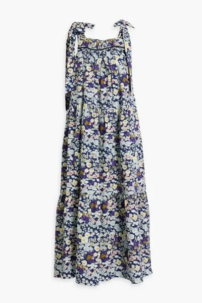 Ярусное платье макси из хлопкового поплина с цветочным принтом Les Rêveries, темно-синий