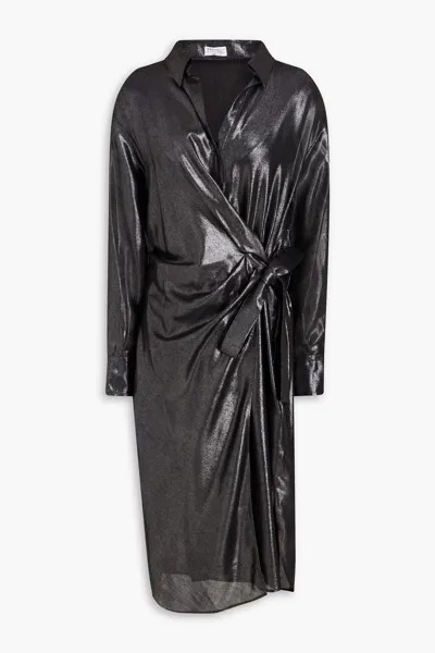 Платье миди из крепа с запахом и декором из бисера Brunello Cucinelli, черный