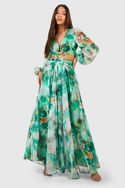 Шифоновое платье макси с цветочным принтом и вырезами boohoo, зеленый