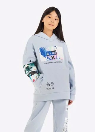 Голубое худи oversize с аниме-принтом для девочки Gloria Jeans