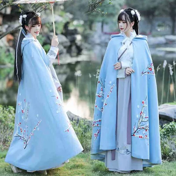 Женская накидка Hanfu традиционная китайская зимняя утолщенная бархатная накидка с капюшоном Синяя белая женский костюм для женщин