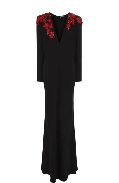 Однотонное платье-макси с V-образным вырезом и декорированной отделкой Alexander McQueen
