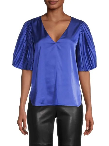 Атласная блузка с плиссированными рукавами Rebecca Taylor, цвет Cobalt Blue
