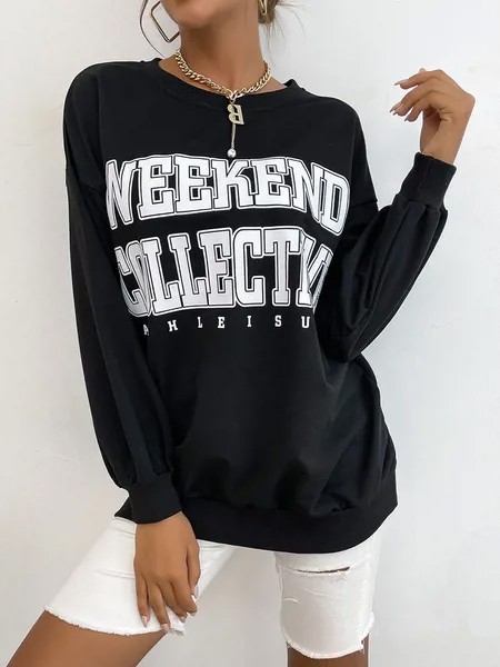 Milanoo Women Hoodie Black Long Sleeves Letters Print Polyester Hooded Sweatshirt