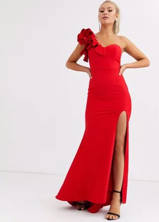 Красное платье макси на одно плечо с оборками Jarlo-Красный