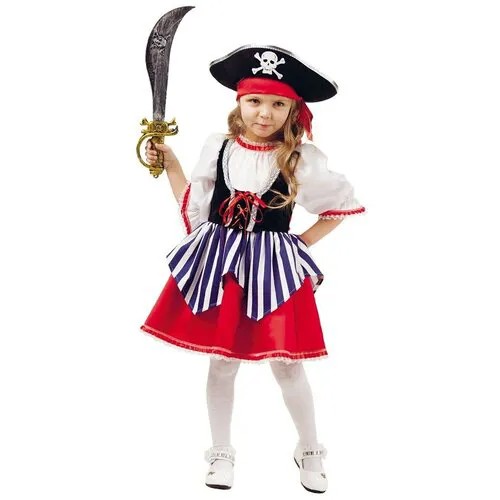 Детский карнавальный костюм Пуговка Пиратка Сейди, платье, бандана, шляпа, сабля, размер 134-68